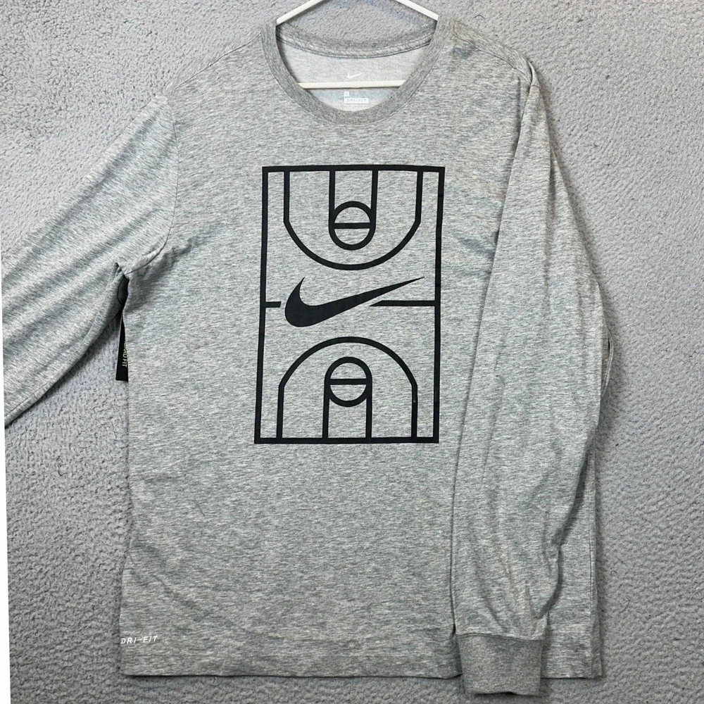 NEW Nike T-Shirt Men Large Dri-FIT Grey Basketball Court Graphic Long Sleeve Tee